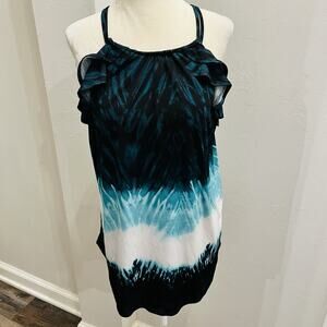 White House Black Market Blouse Size L Black Teal Tie Dye Ruffle Top